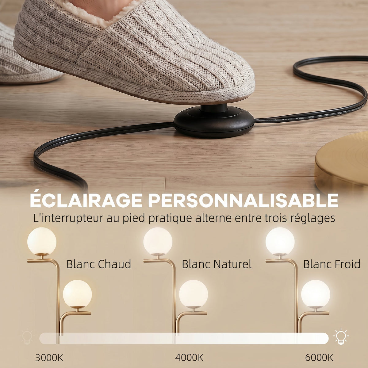 Lampadaire Double Tête Abat-Jour Verre — Doré