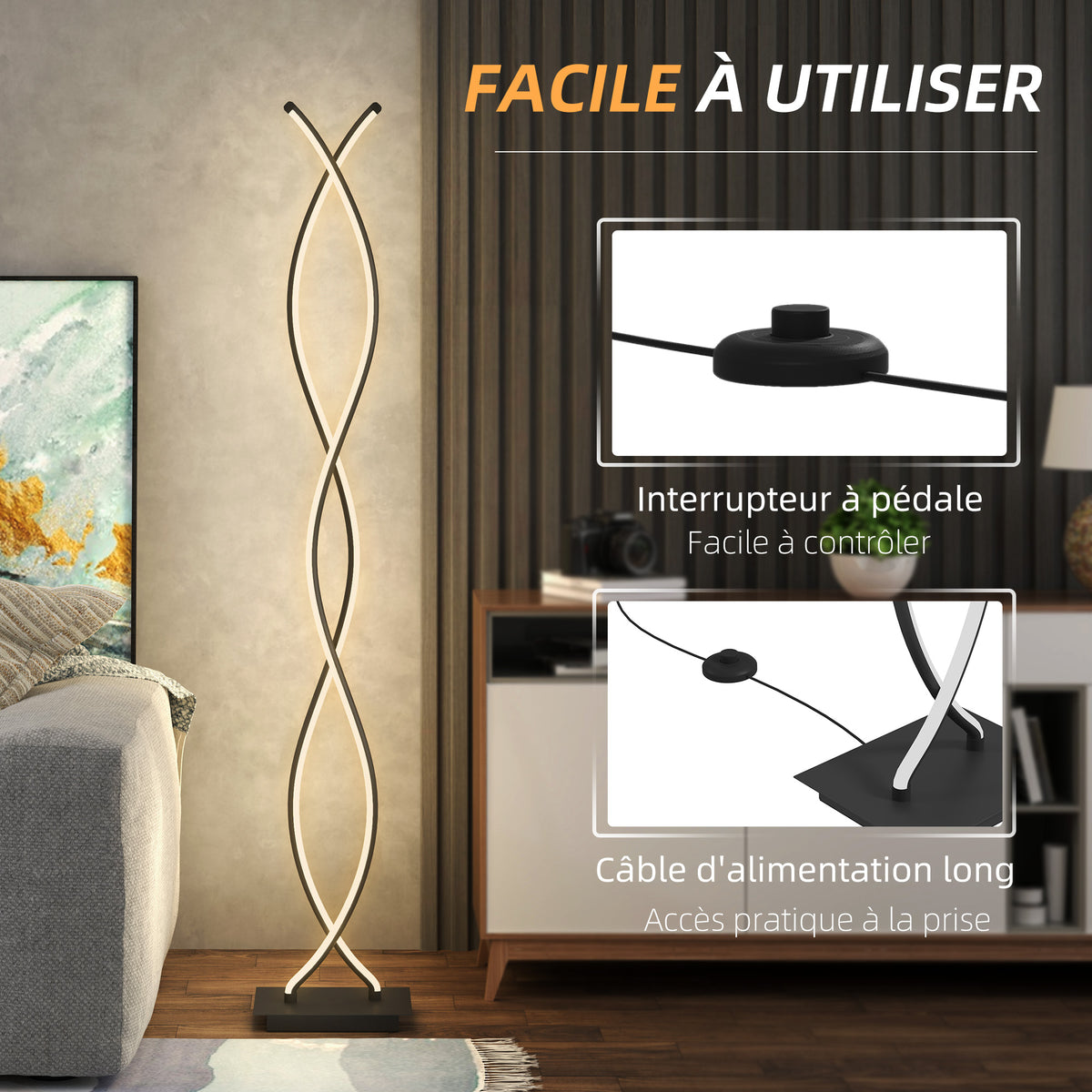 Lampadaire Double Spirale 3 Niveaux — Noir
