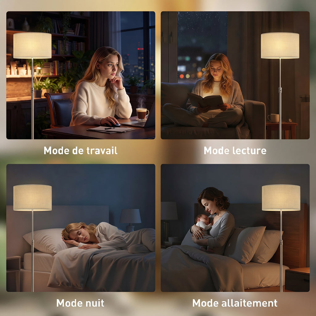 Lampadaire Liseuse Dimmable Abat-Jour Lin — Argent