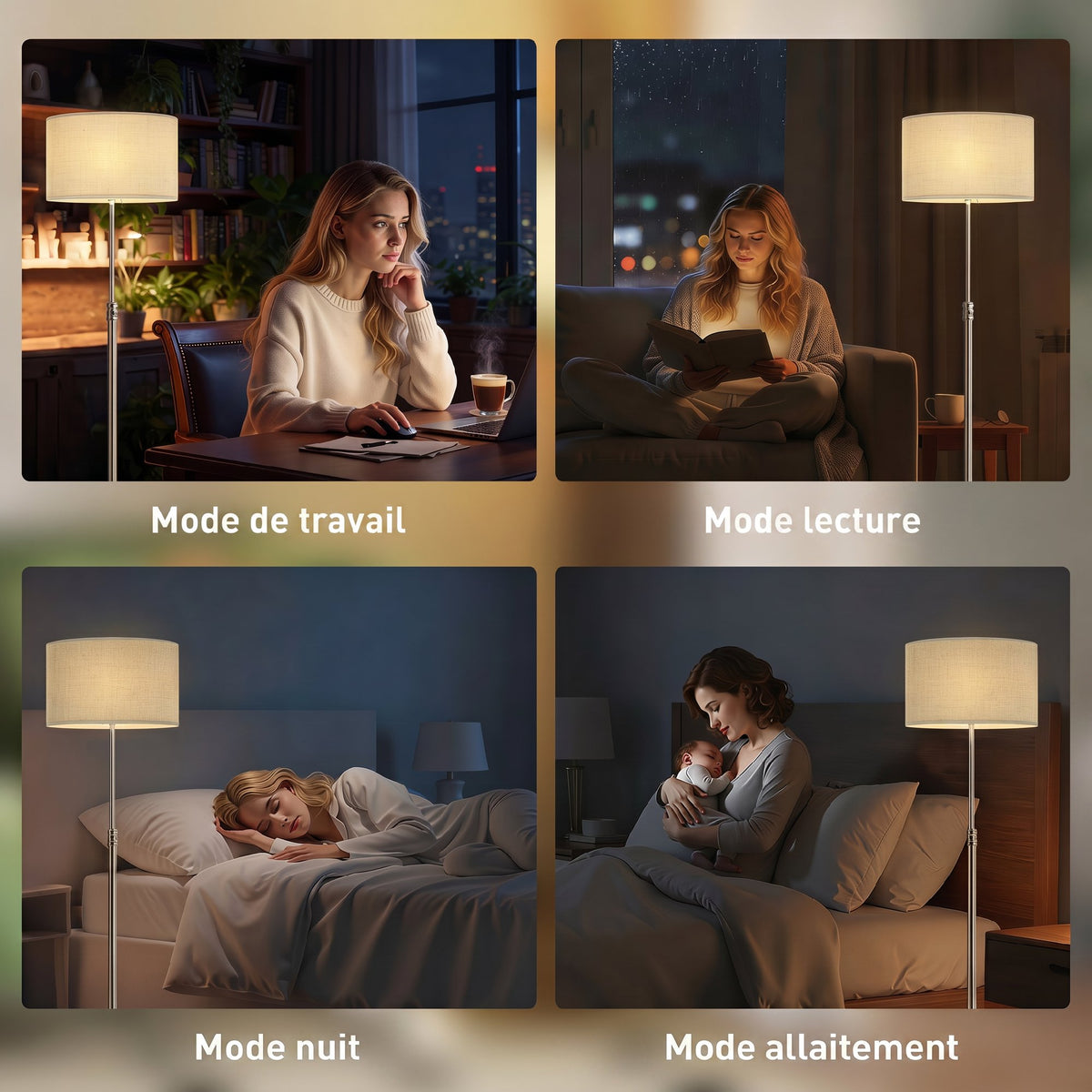 Lampadaire Liseuse Dimmable Abat-Jour Lin — Argent