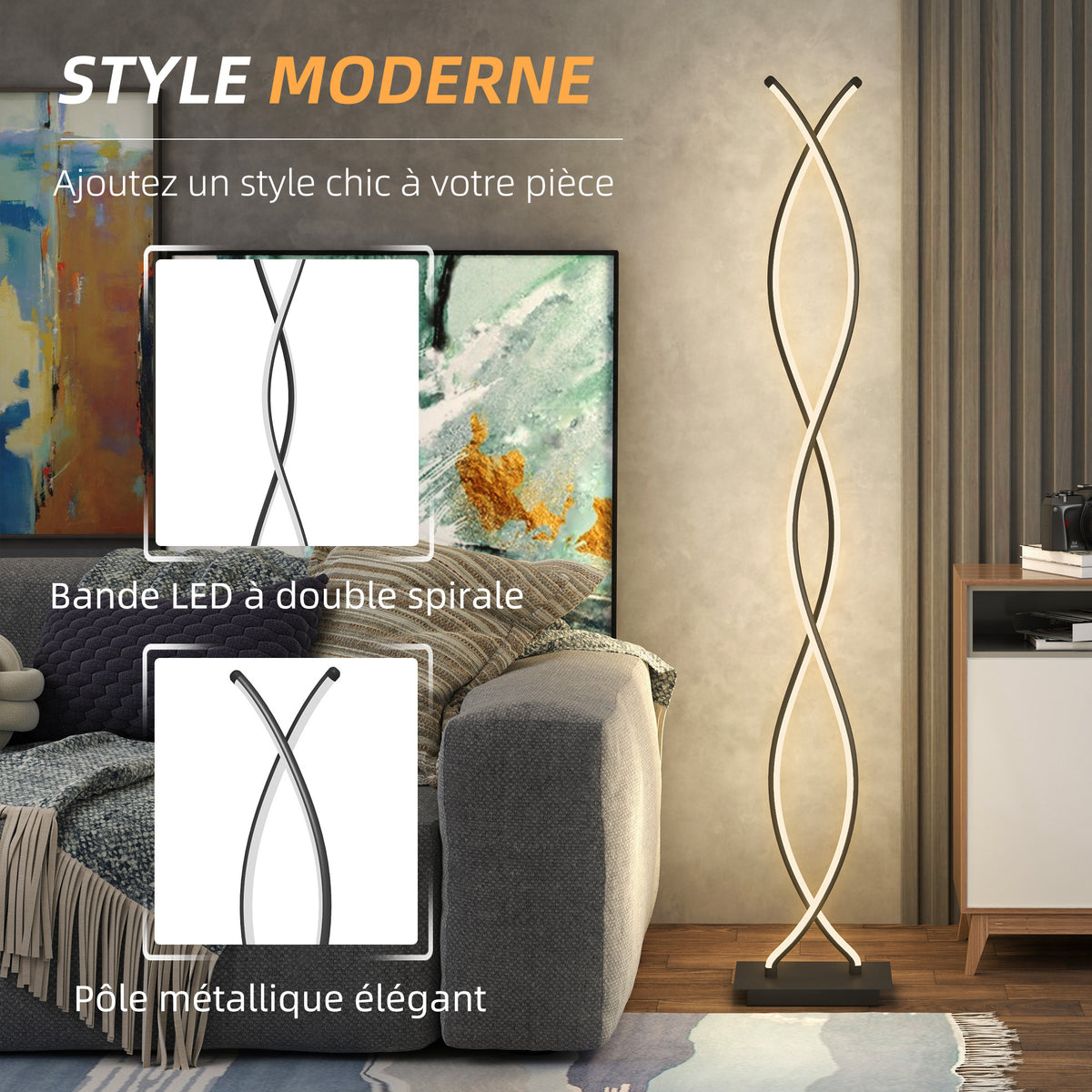 Lampadaire Double Spirale 3 Niveaux — Noir