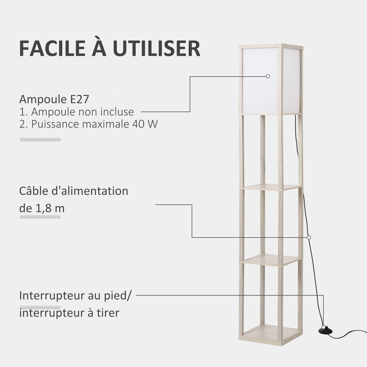 Lampadaire à Étagères 4 Niveaux — Chêne