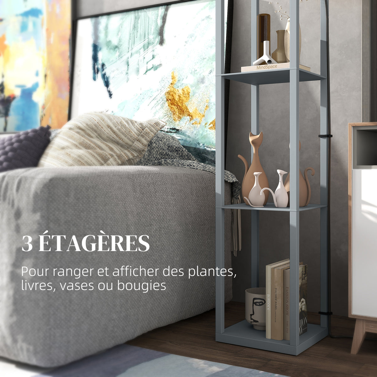 Lampadaire à Étagères 3 Niveaux — Gris & Blanc