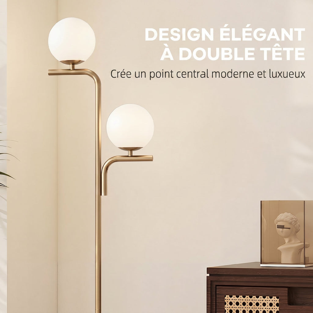 Lampadaire Double Tête Abat-Jour Verre — Doré