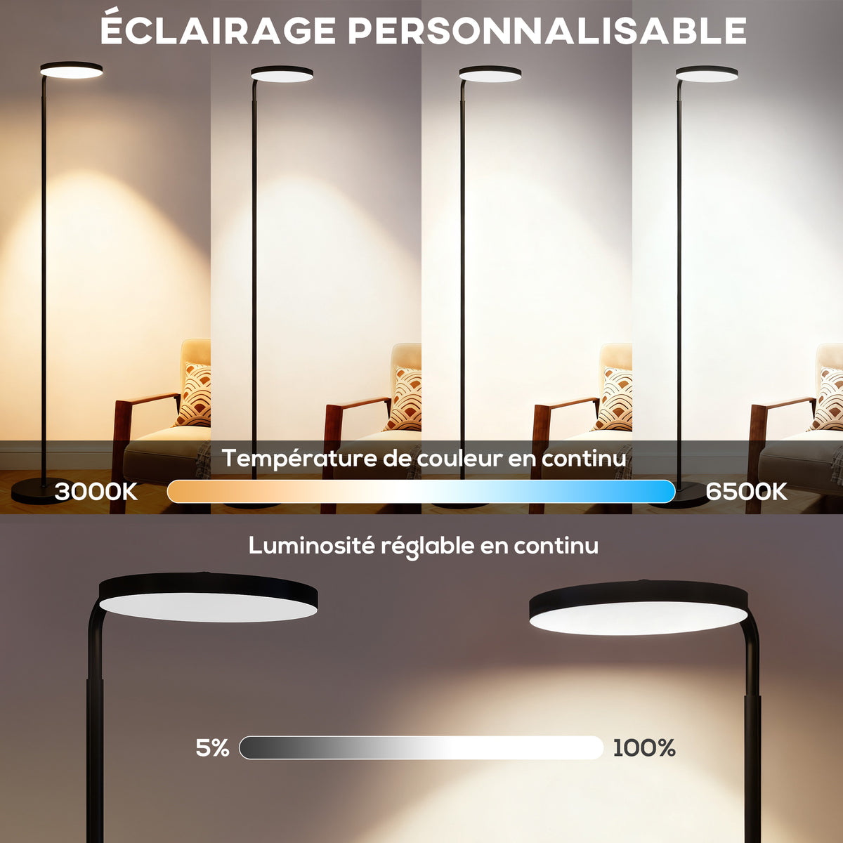 Lampadaire LED Orientable Dimmable — Noir