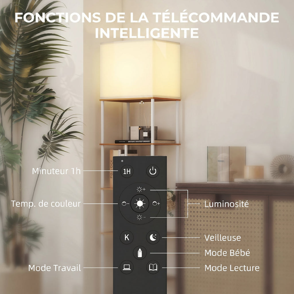 Lampadaire Liseuse à Étagères — Bois Naturel, Dimmable