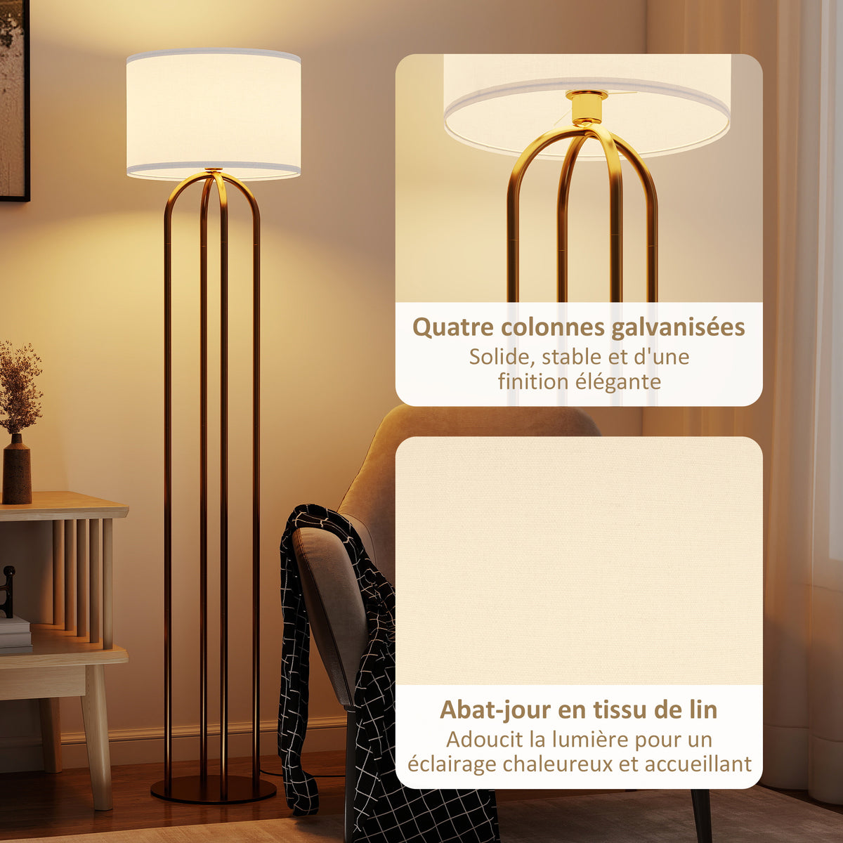 Lampadaire Abat-Jour Lin — Doré & Beige