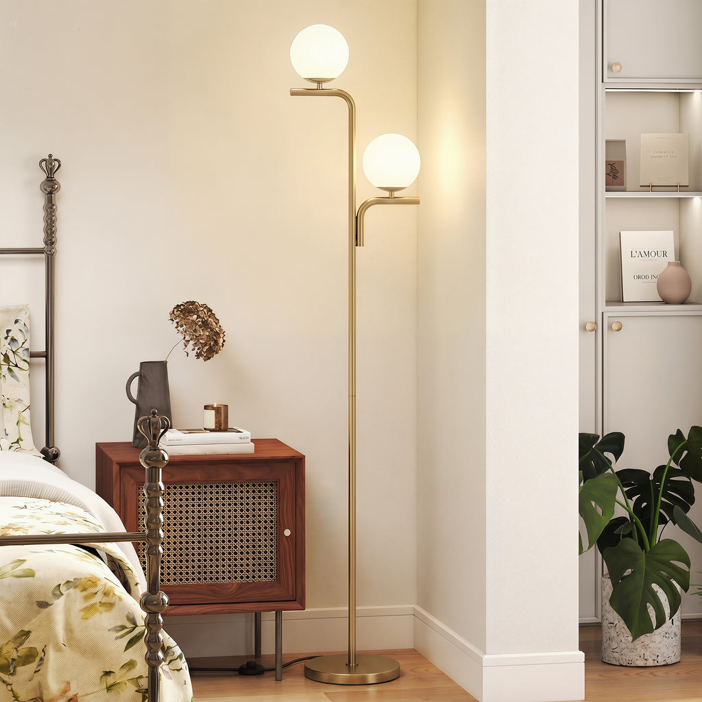 Lampadaire Double Tête Abat-Jour Verre — Doré