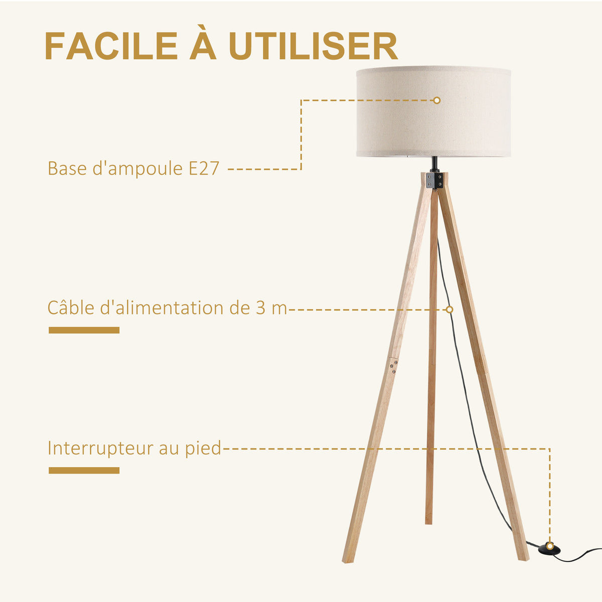 Lampadaire Trépied Scandinave — Bois & Lin