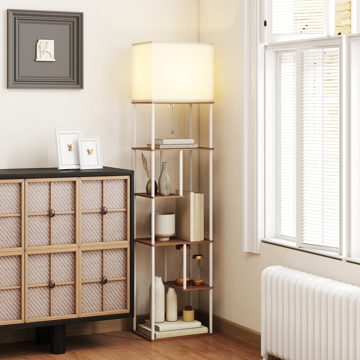 Lampadaire Liseuse à Étagères — Bois Naturel, Dimmable