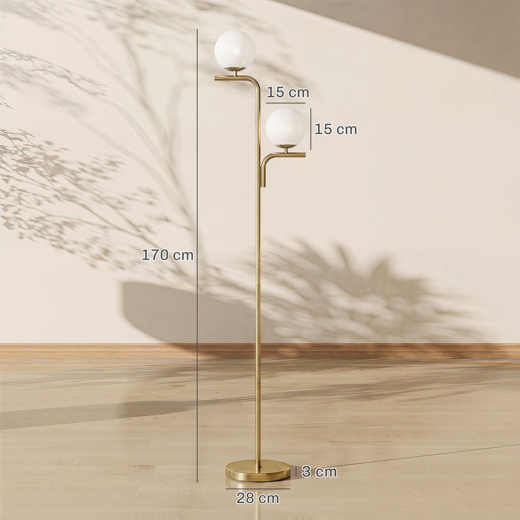 Lampadaire Double Tête Abat-Jour Verre — Doré