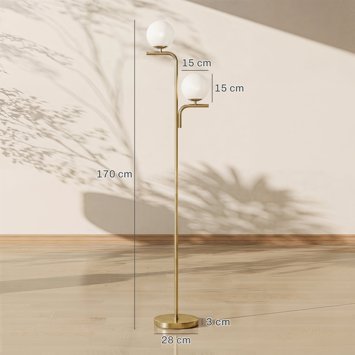 Lampadaire Double Tête Abat-Jour Verre — Doré