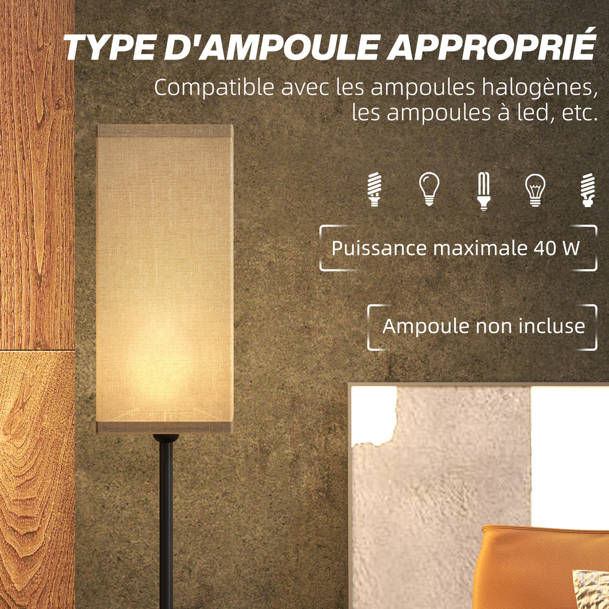 Lampadaire Abat-Jour Effet Lin — Noir