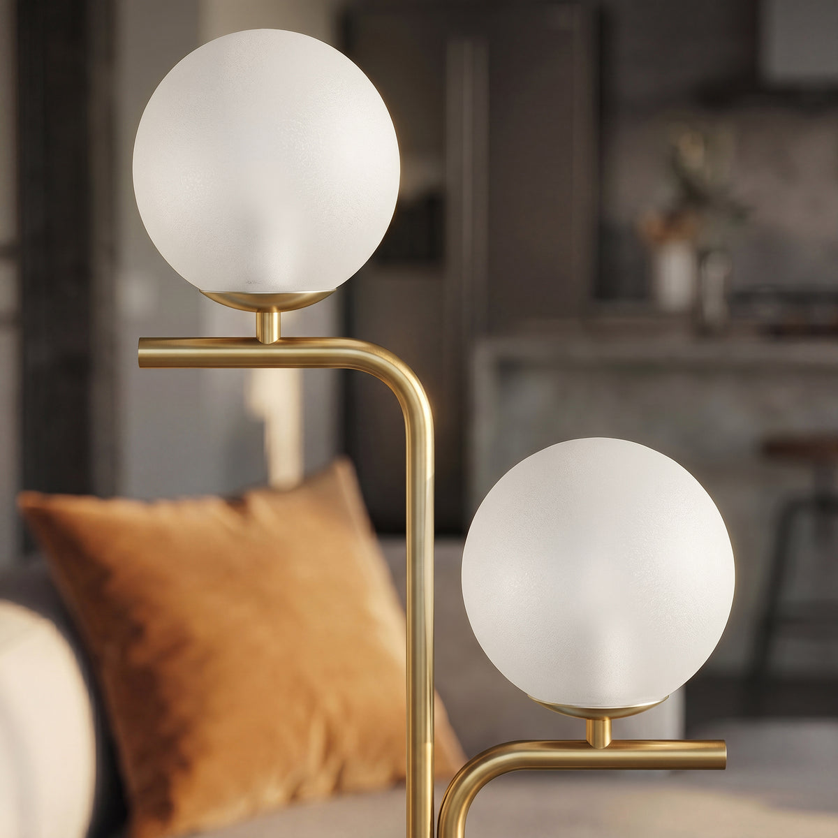 Lampadaire Double Tête Abat-Jour Verre — Doré