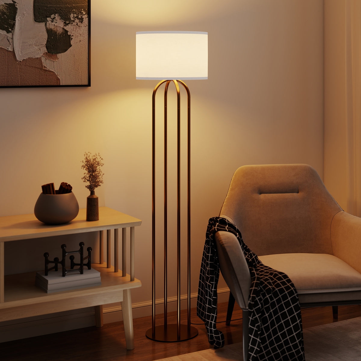 Lampadaire Abat-Jour Lin — Doré & Beige