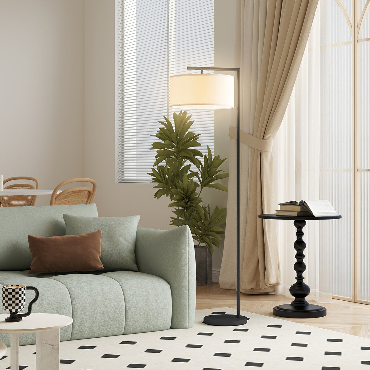 Lampadaire Abat-Jour Lin — Noir & Blanc