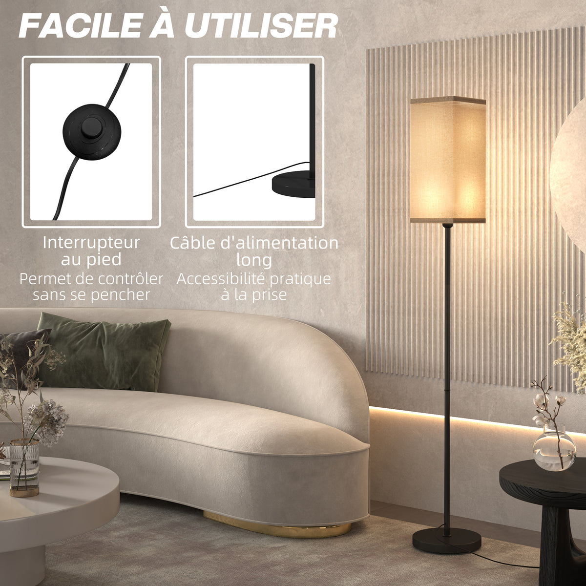 Lampadaire Abat-Jour Effet Lin — Noir