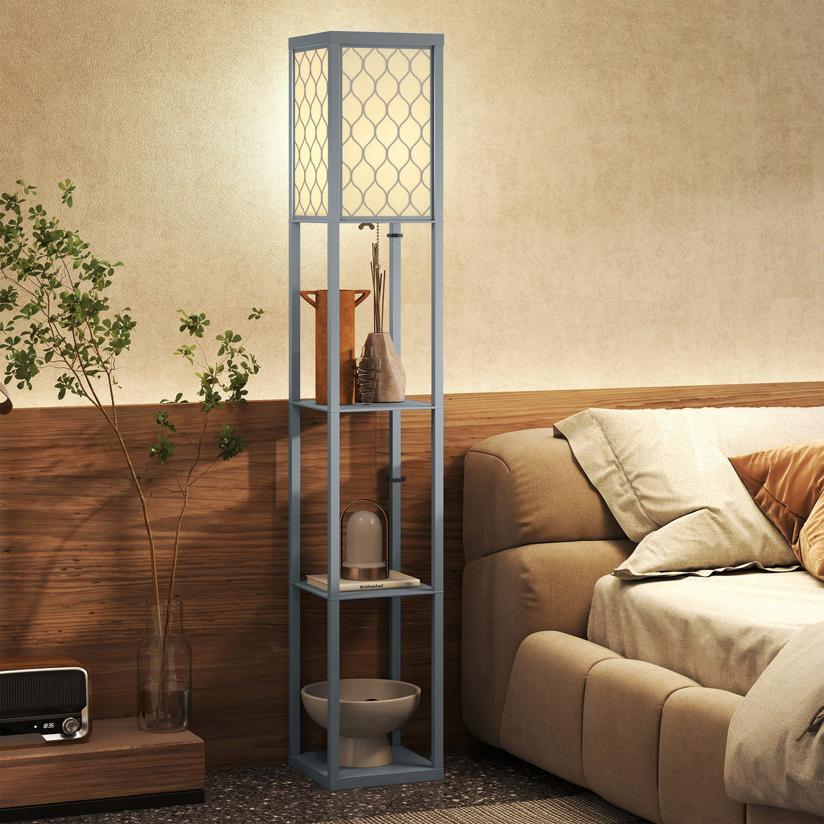 Lampadaire à Étagères 3 Niveaux — Gris & Blanc
