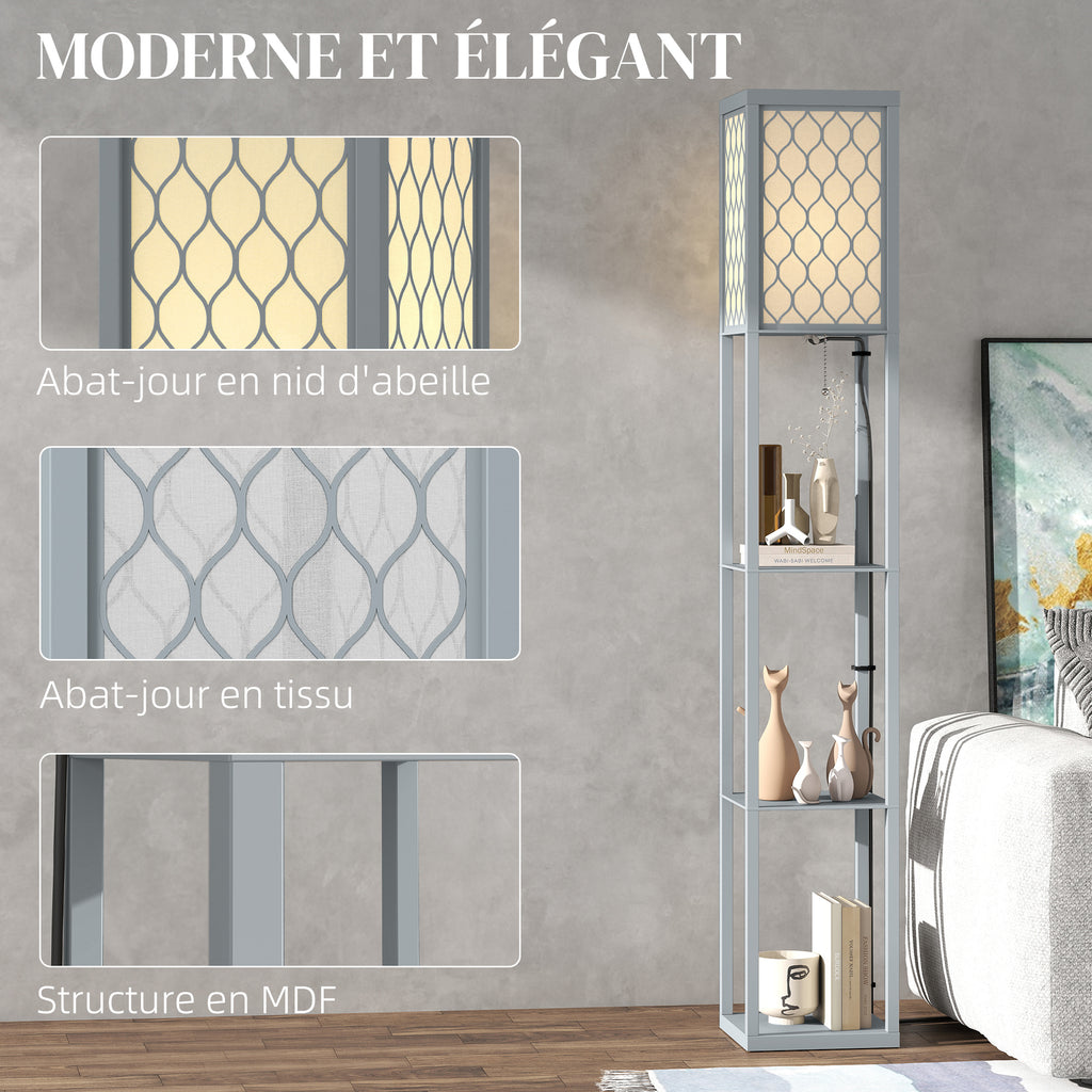 Lampadaire à Étagères 3 Niveaux — Gris & Blanc