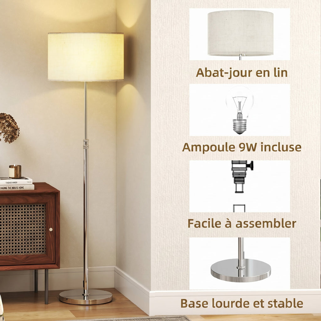 Lampadaire Liseuse Dimmable Abat-Jour Lin — Argent