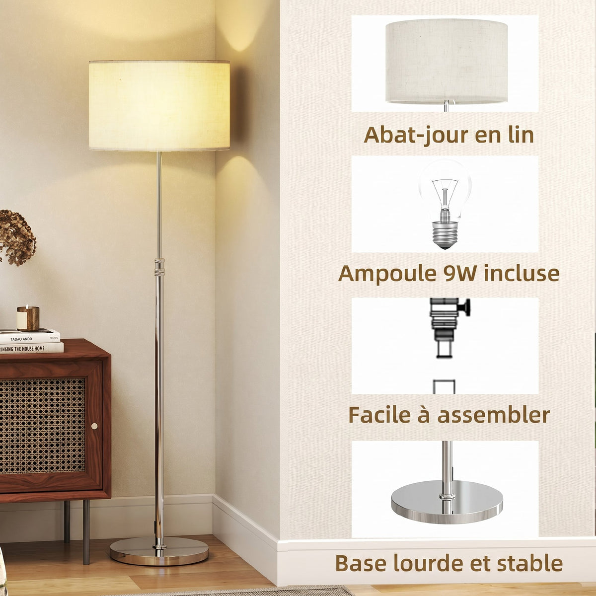 Lampadaire Liseuse Dimmable Abat-Jour Lin — Argent