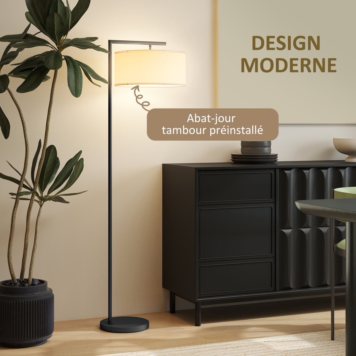 Lampadaire Abat-Jour Lin — Noir & Blanc