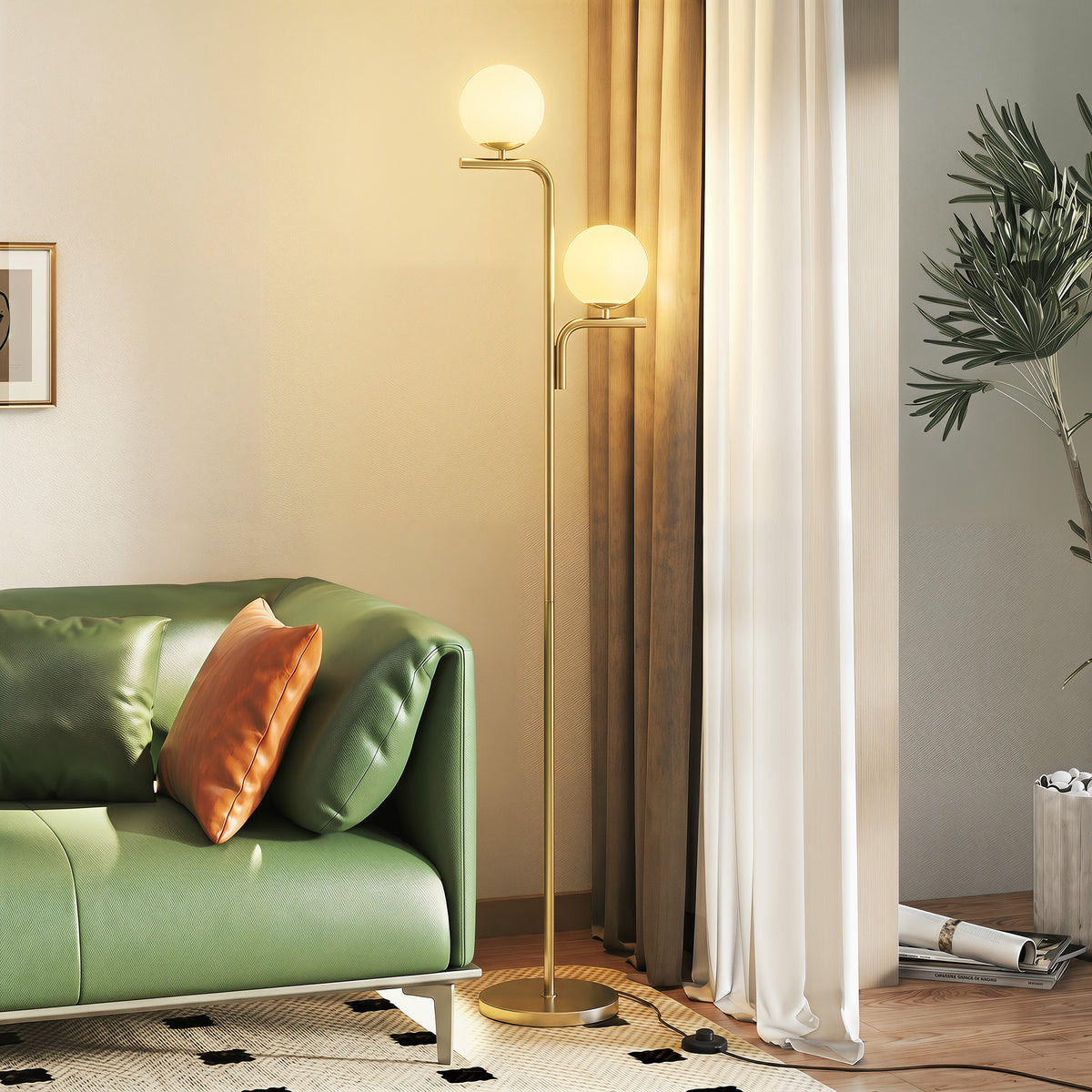 Lampadaire Double Tête Abat-Jour Verre — Doré