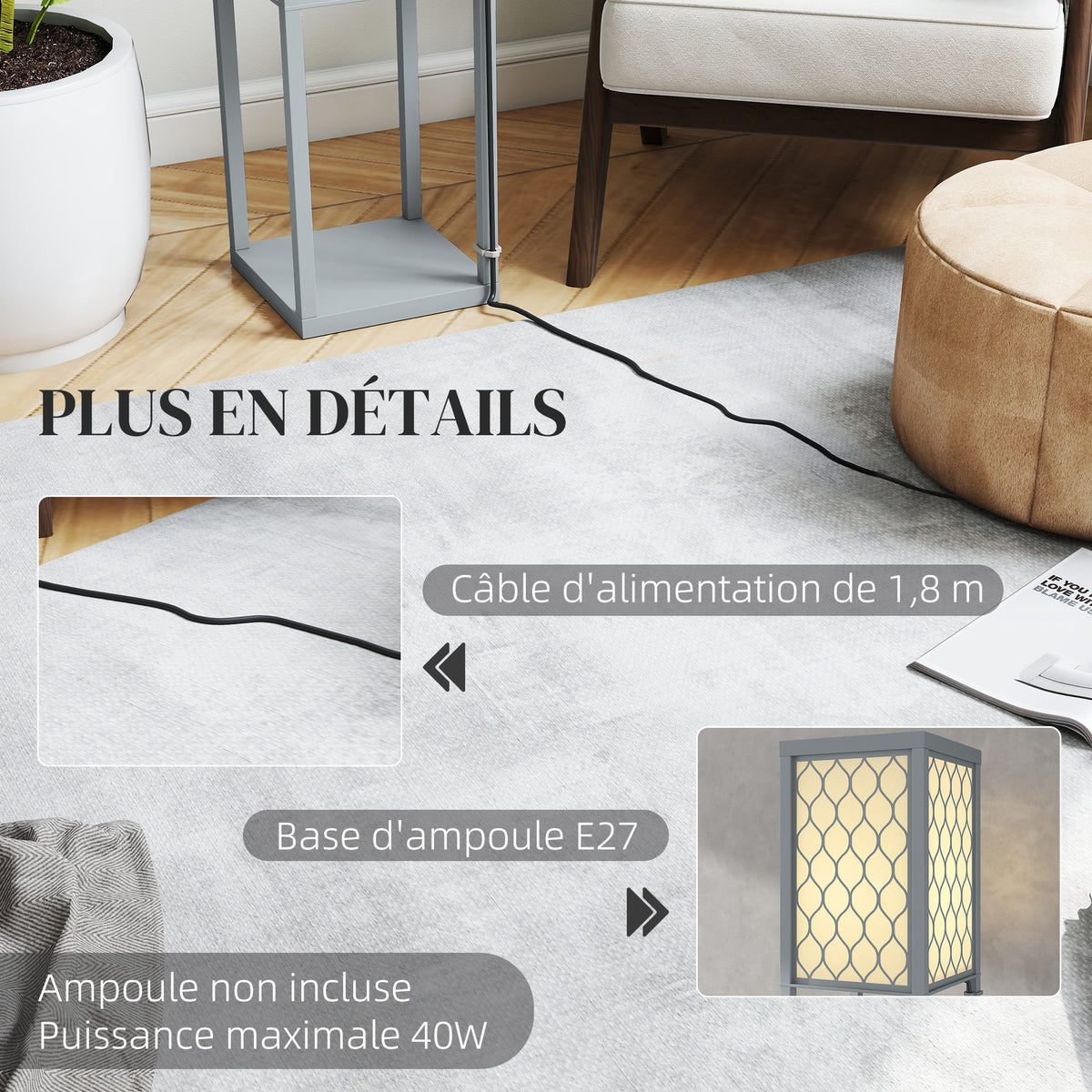 Lampadaire à Étagères 3 Niveaux — Gris & Blanc