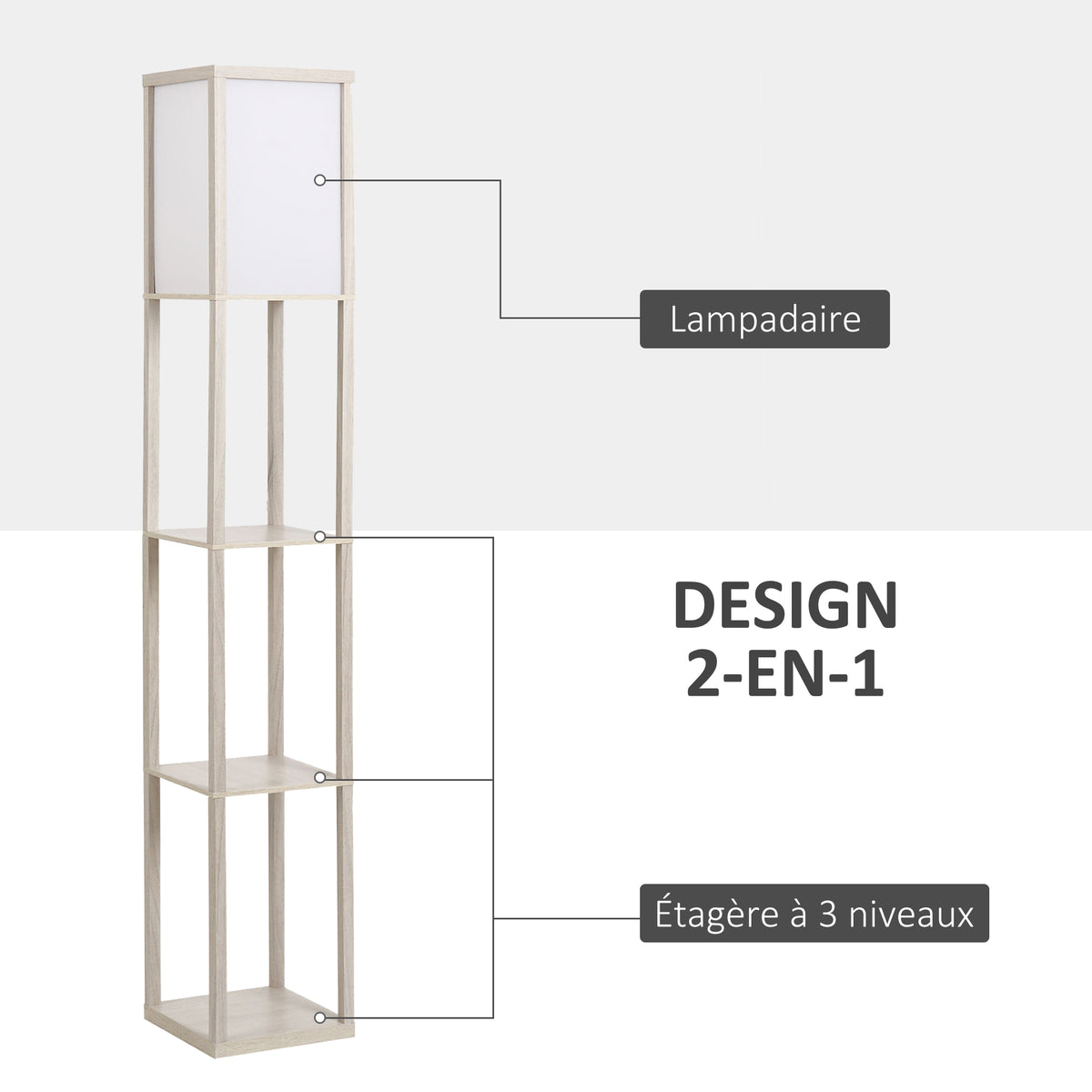 Lampadaire à Étagères 4 Niveaux — Chêne