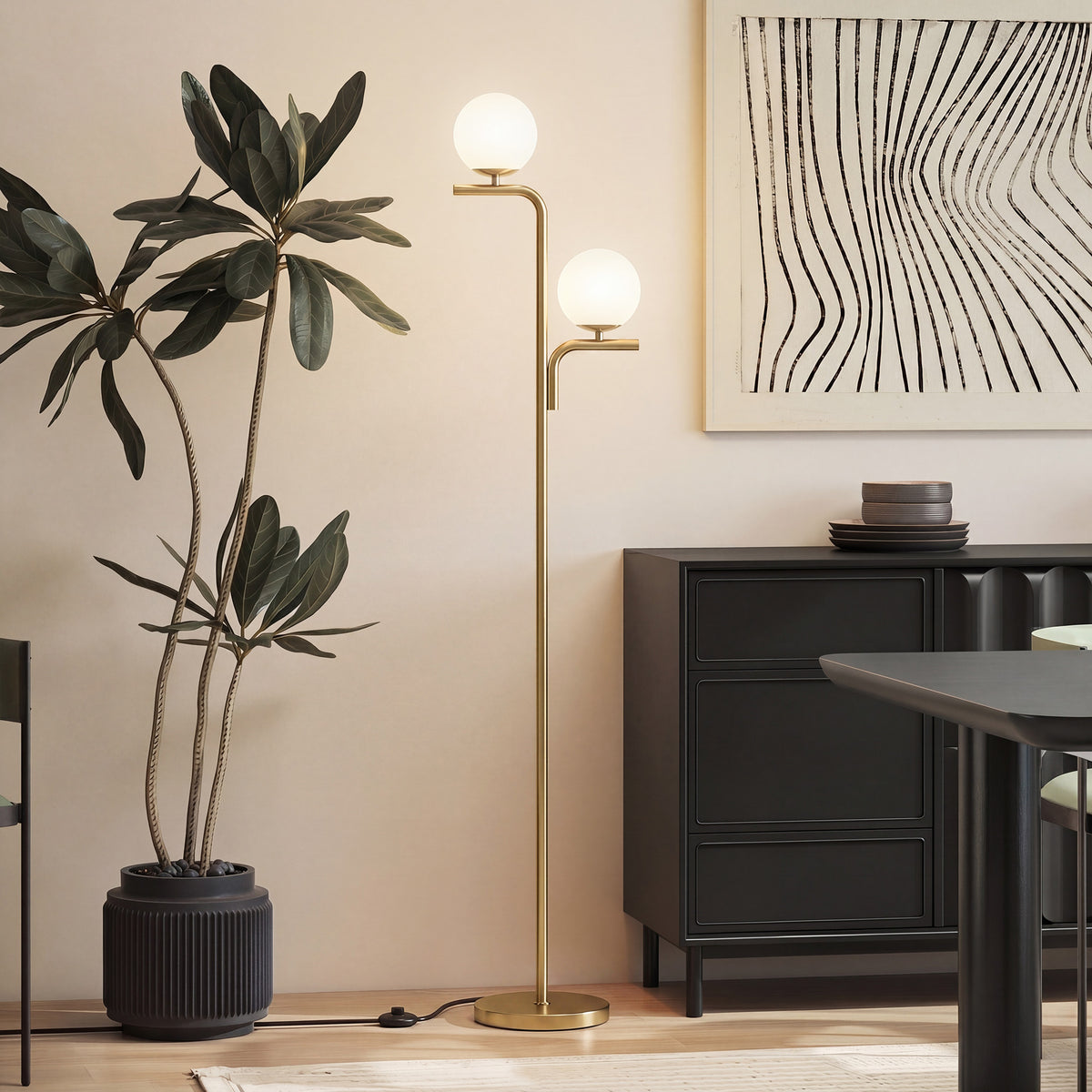 Lampadaire Double Tête Abat-Jour Verre — Doré