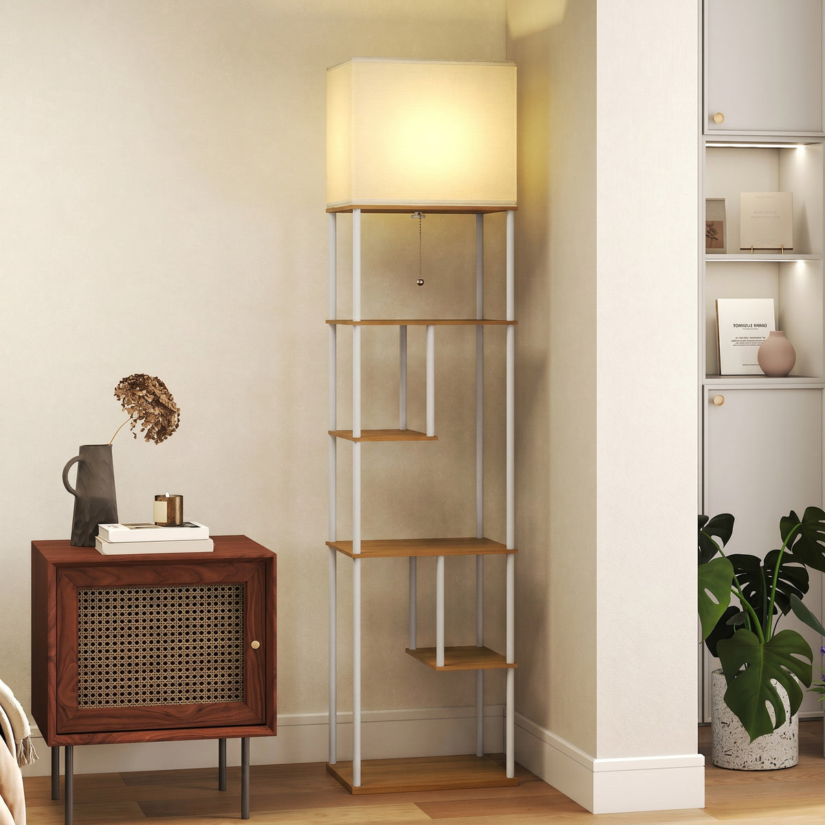 Lampadaire Liseuse à Étagères — Bois Naturel, Dimmable