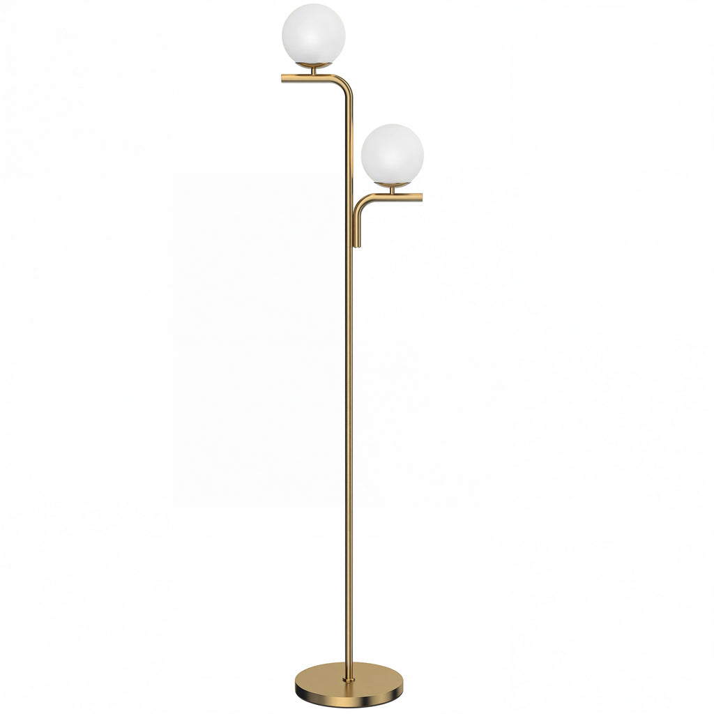 Lampadaire Double Tête Abat-Jour Verre — Doré